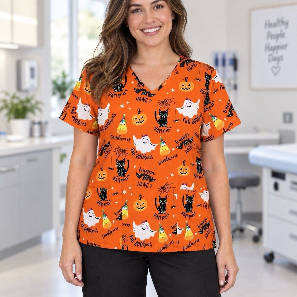Scrubstar Womens L Halloween Print V-Neck Short Sleeve Scrub Top Cotton Orange